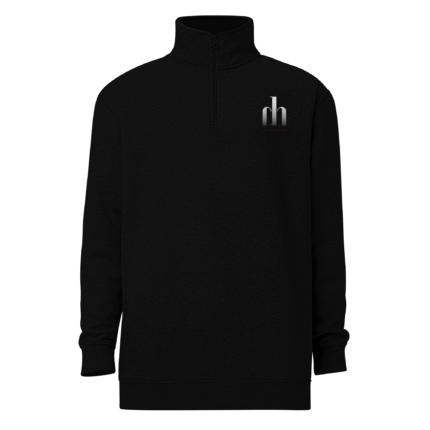 Black quarter-zip fleece pullover with a metallic 'dm' logo on the left chest and red text beneath the emblem.