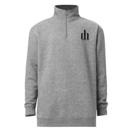 Grey heathered pullover with a half-zip collar and small black 'dh' logo on the left chest area.