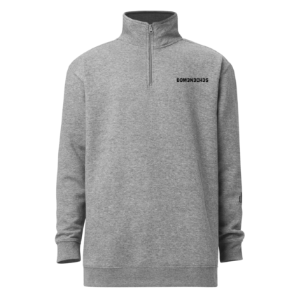 Grey heather pullover sweatshirt with a short zipper and subtle black logo on the left chest, front view.