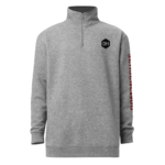 Gray heathered quarter-zip fleece with a standing collar and a black hex DH logo on the left chest area.