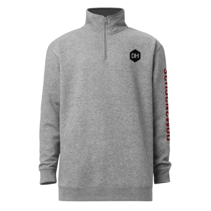 Gray heathered quarter-zip fleece with a standing collar and a black hex DH logo on the left chest area.