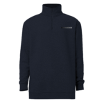 Navy blue stand-collar pullover with half-zip neckline and a small dark logo on the left chest.