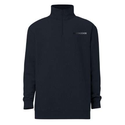 Navy blue stand-collar pullover with half-zip neckline and a small dark logo on the left chest.