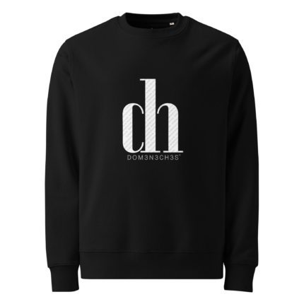 Black crewneck sweatshirt with a white monogram logo on the chest and 'DOM3NCH3S' underneath.
