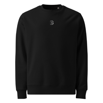 Black crewneck sweatshirt with a small gray DG monogram logo centered on the chest.