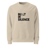 Beige crewneck sweatshirt with bold black text reading 'BUILT IN SILENCE' centered on the chest.