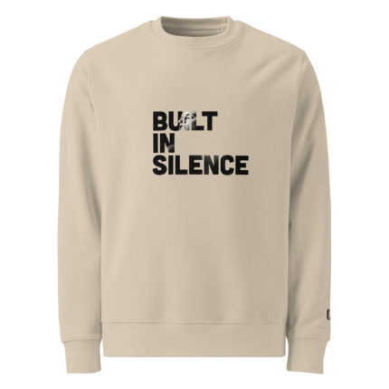 Beige crewneck sweatshirt with bold black text reading 'BUILT IN SILENCE' centered on the chest.