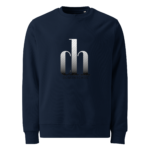 Navy crewneck sweatshirt with a large metallic silver 'dn' monogram centered on the chest and the text DOM3N3CH3S below.