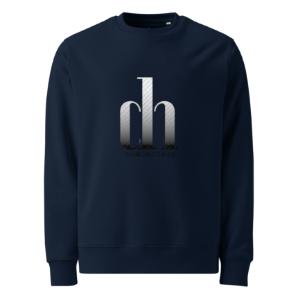 Navy crewneck sweatshirt with a large metallic silver 'dn' monogram centered on the chest and the text DOM3N3CH3S below.