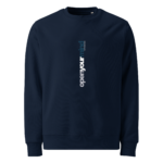 Navy crewneck sweatshirt with a vertical gradient text saying 'open your mind' running from bottom to top on the chest area.