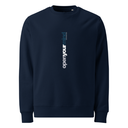 Navy crewneck sweatshirt with a vertical gradient text saying 'open your mind' running from bottom to top on the chest area.