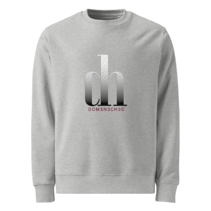 Grey crewneck sweatshirt featuring a centered metallic 'dm' monogram with a pink 'DOM3N3CH3S' text beneath.
