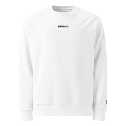White crewneck sweatshirt with a small black 'DOM3NCH3S' logo centered on the chest. Ribbed cuffs and hem visible, minimal design.
