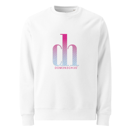 White crewneck sweatshirt featuring a pink-to-blue gradient 'dm' logo with the text 'DOM3N3CH3S' beneath it.