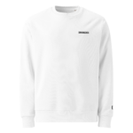 White crewneck sweatshirt with a small black logo/text on the left chest reading 'DOM3NCH3S' and subtle text on the right sleeve edge.
