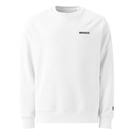 White crewneck sweatshirt with a small black logo/text on the left chest reading 'DOM3NCH3S' and subtle text on the right sleeve edge.