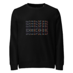 Black sweatshirt featuring a multicolored grid of repeated text on the chest area.
