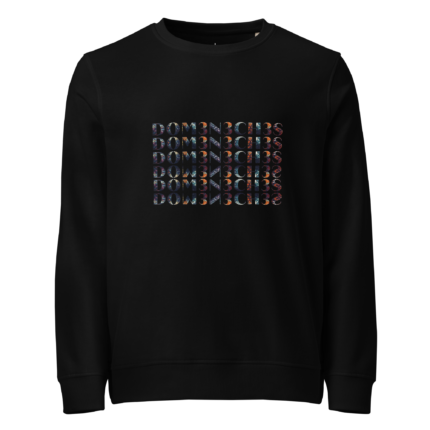 Black sweatshirt featuring a multicolored grid of repeated text on the chest area.
