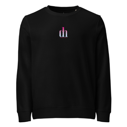 Black sweatshirt with a small pink-to-blue gradient 'dh' logo centered on the chest.