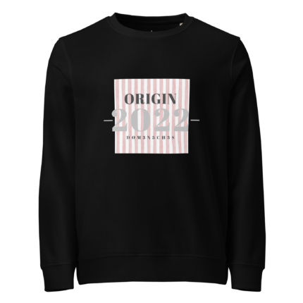 Black sweatshirt featuring a pink striped square graphic with the text 'ORIGIN 2022' and 'DOM3N3CH3S' beneath it.
