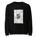 Black sweatshirt featuring a white newspaper-style square graphic on the chest area.