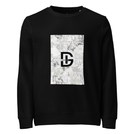 Black sweatshirt featuring a white newspaper-style square graphic on the chest area.