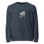 Navy sweatshirt featuring a small graphic on the chest: a person stands on a white angular block with a diagonal black strip containing white lettering crossing the design.