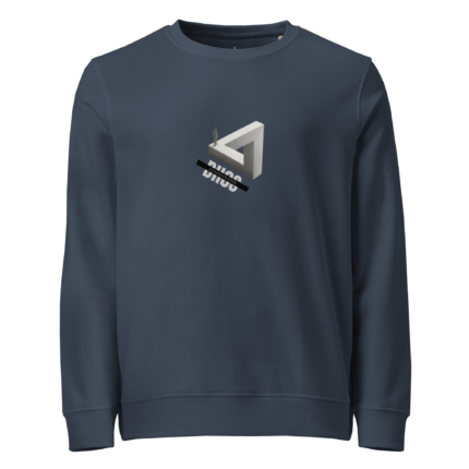 Navy sweatshirt featuring a small graphic on the chest: a person stands on a white angular block with a diagonal black strip containing white lettering crossing the design.