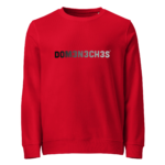 Red crewneck sweatshirt with a bold 'DOM3N3CH3S' logo across the chest in black/gray.