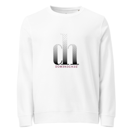 White sweatshirt featuring a centered gradient gray logo with the brand name DOM3NCH3S in pink beneath it.