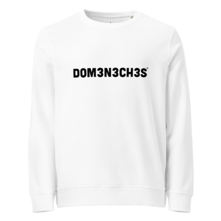 White sweatshirt with bold black text DOM3N3CH3S across the chest.