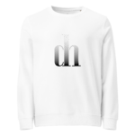 White crewneck sweatshirt with a vertical grayscale graphic resembling the number 01 on the chest area.