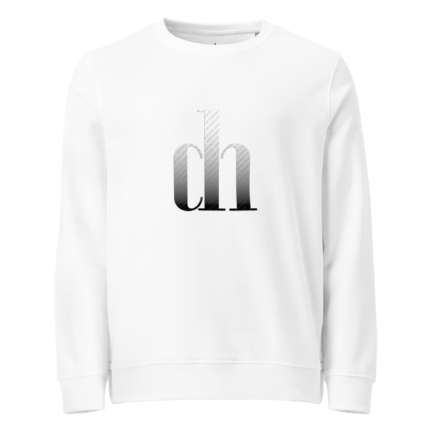White crewneck sweatshirt with a vertical grayscale graphic resembling the number 01 on the chest area.