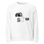 White crewneck sweatshirt with a black geometric abstract graphic on the chest area.