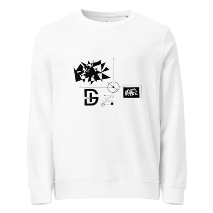 White crewneck sweatshirt with a black geometric abstract graphic on the chest area.