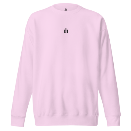 Light pink crewneck sweatshirt with a small black 'dh' logo centered on the chest.