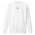 White sweatshirt with a small black-and-red 'dh' logo centered on the chest