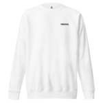 White long-sleeve crewneck sweatshirt with a small black text logo 'DOM3N3CH3S' on the left chest.