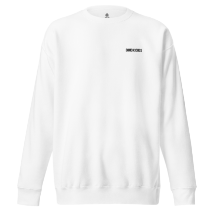 White long-sleeve crewneck sweatshirt with a small black text logo 'DOM3N3CH3S' on the left chest.