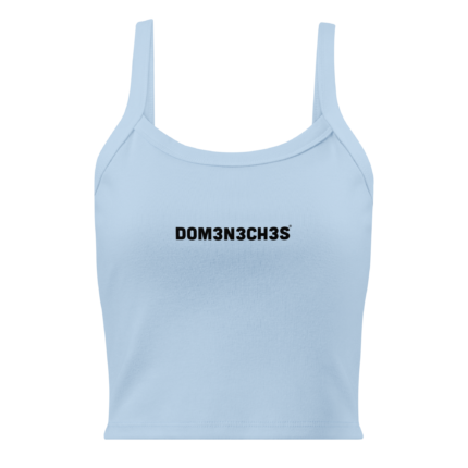 Light blue sleeveless shirt with bold black text DOM3N3CH3S across the chest.