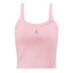 Pink sleeveless tank top on a hanger with a small multi-color logo on the chest area.