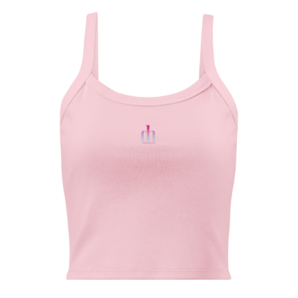 Pink sleeveless tank top on a hanger with a small multi-color logo on the chest area.
