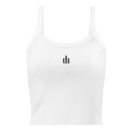 White sleeveless tank top laid flat with a small black logo on the chest.