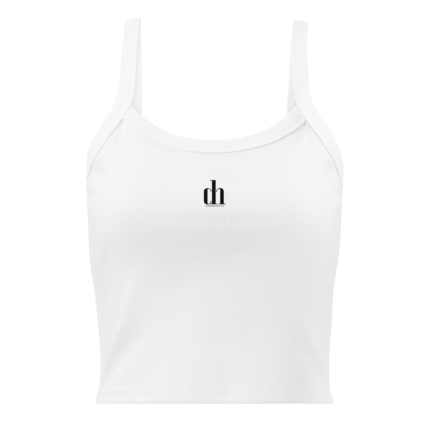 White sleeveless tank top laid flat with a small black logo on the chest.