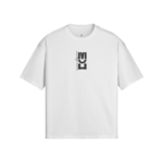White short-sleeve T-shirt with a vertical black logo centered on the chest.
