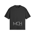 Black short-sleeve T-shirt with a large light gray MCH logo and the word MONOCHROME on the lower front.