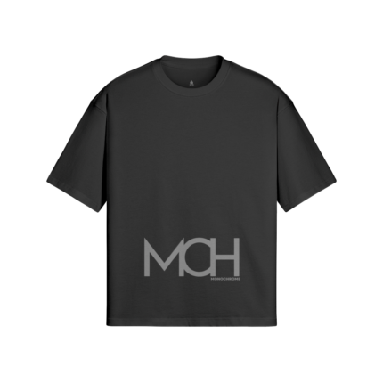 Black short-sleeve T-shirt with a large light gray MCH logo and the word MONOCHROME on the lower front.