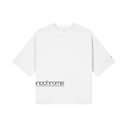 White oversized white T-shirt featuring a black 'nochrome' wordmark along the lower left front.