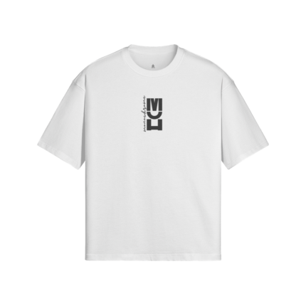 White short-sleeve T-shirt with a vertical black logo centered on the chest.
