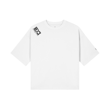 White oversized T-shirt with a diagonal black logo on the left shoulder and small print on the right sleeve, front view.